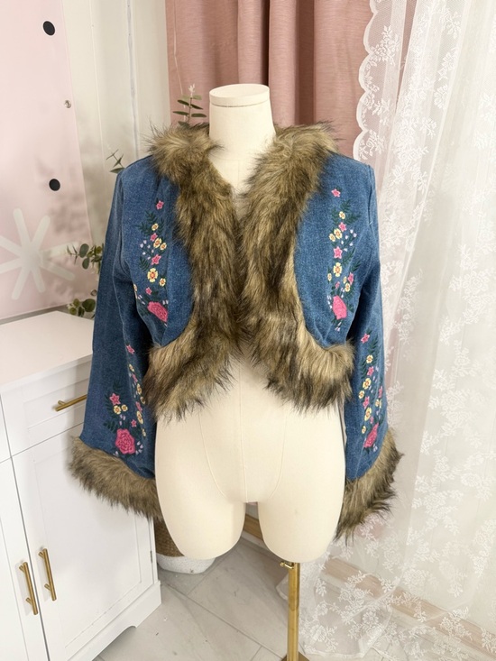 Sugar Thrillz Jackets & Blazers - Sugar Thrillz Blue Embroidered Faux-Fur Trim Cropped Jacket Bin#1